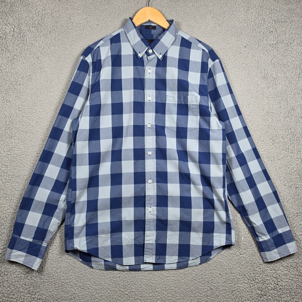 J. Crew Shirt Mens Size Large Light Blue Navy Checkered Plaid‎ Slim Fit Cotton
